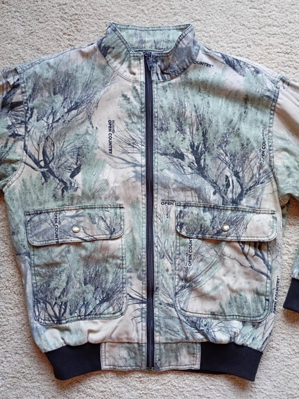 Vintage Cabela's Men's Camo Bomber Jacket Denim Outdoor Hunting Open Country GUC